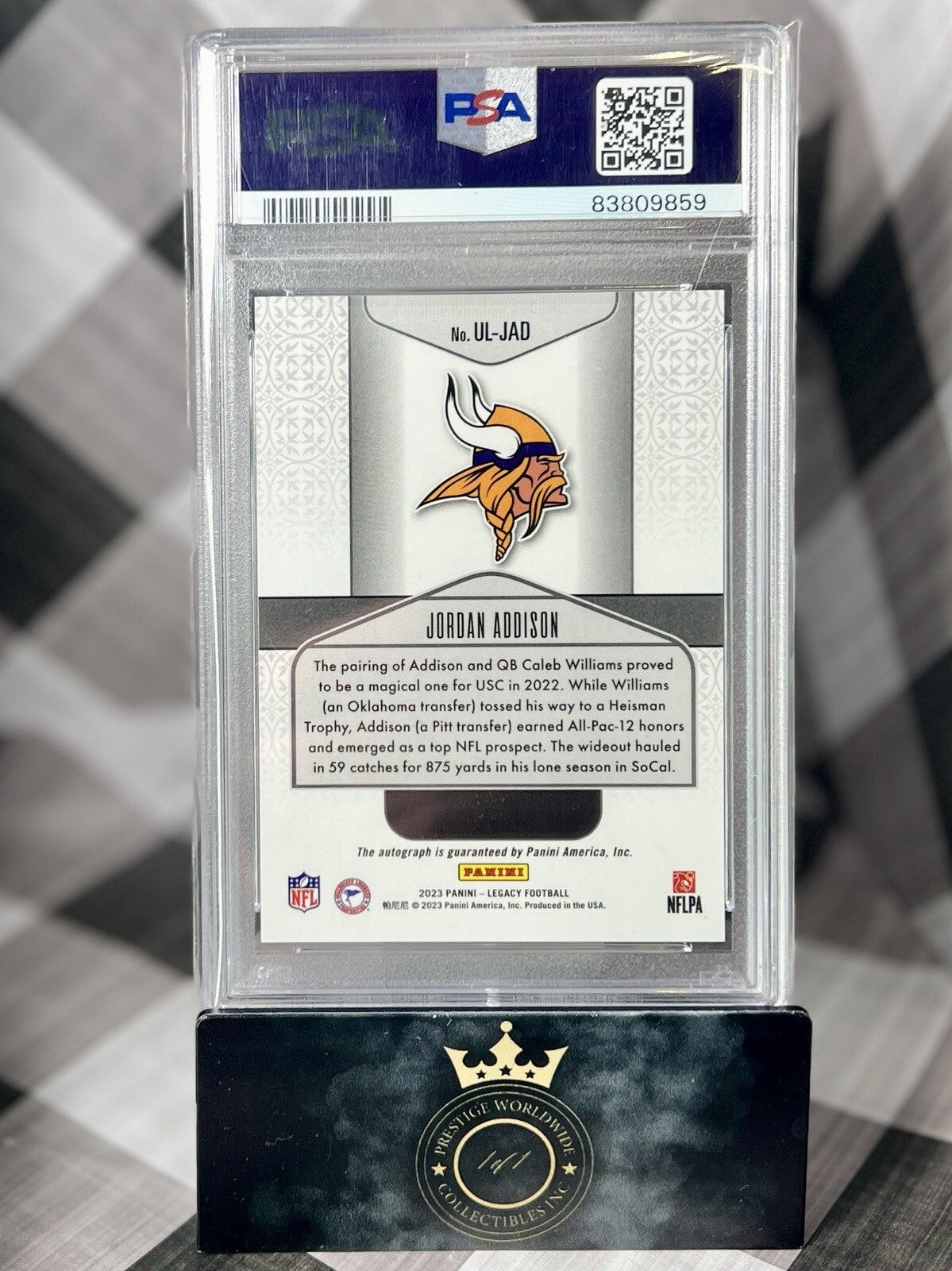 Jordan Addison 2023 Legacy Under The Lights B&W Rookie Auto PSA 9 #ULJAD Vikings