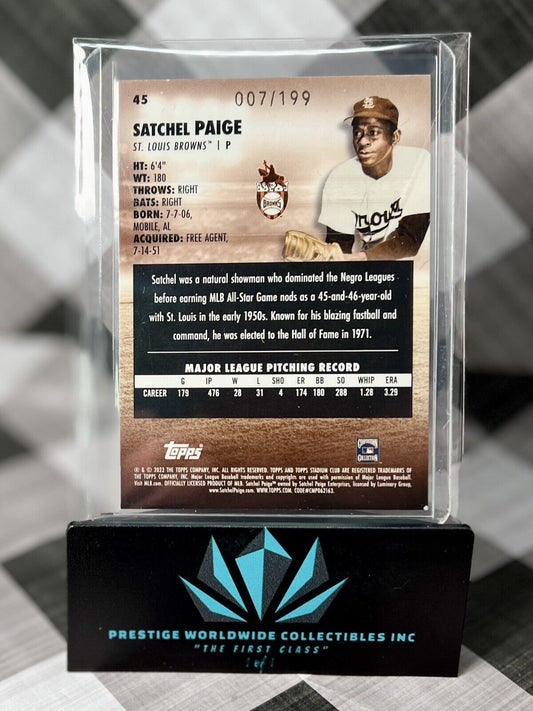 Satchel Paige 2023 Topps Stadium Club Orange Foil 007/199 #45 St. Louis HOF SP