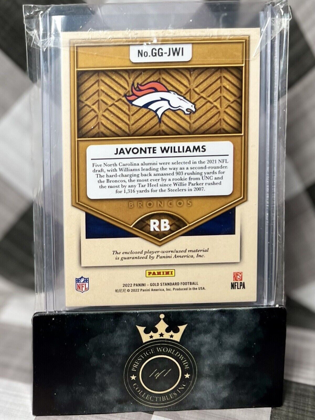 Javonte Williams 2022 Gold Standard Gold Gear 2nd Yr Patch /299 #GG-JWI Broncos