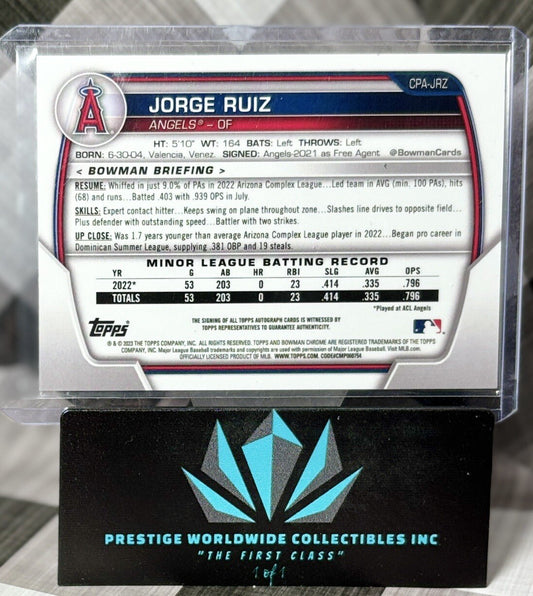 Jorge Ruiz 2023 Bowman Chrome 1st Prospect Auto #CPA-JRZ Los Angeles Angels RC