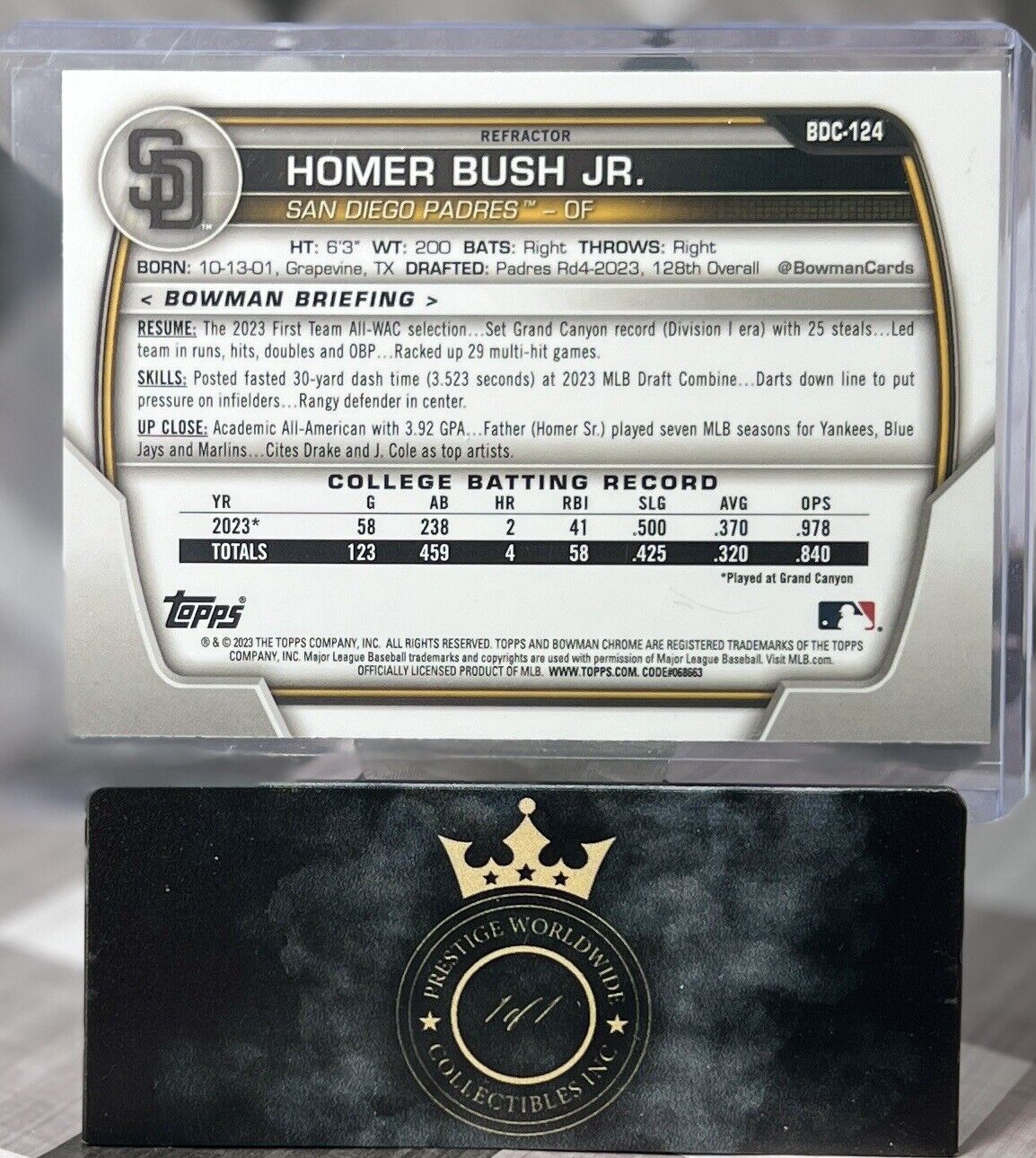 Homer Bush Jr. 2023 Bowman Draft Chrome 1st Refractor #BDC-124 San Diego Padres