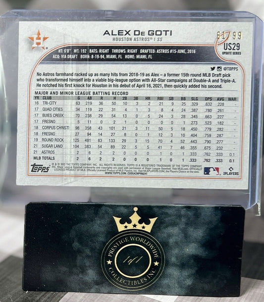 Alex De Goti 2022 Topps SSP Rookie /99 #US29 - HOU Astros RC