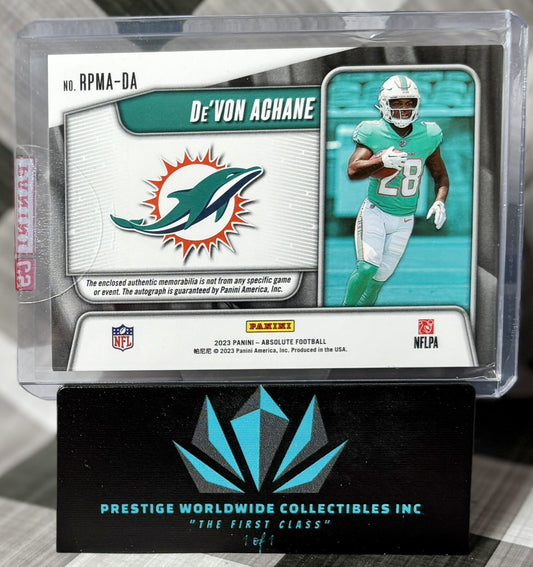 De’Von Achane 2023 Absolute Rookie Premier Quad Patch Auto /199 #RPMA-DA MIA RPA