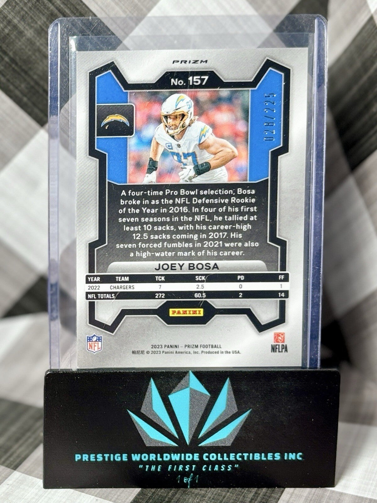 Joey Bosa 2023 Prizm Purple Cracked Ice /225 #157 Los Angeles Chargers SP