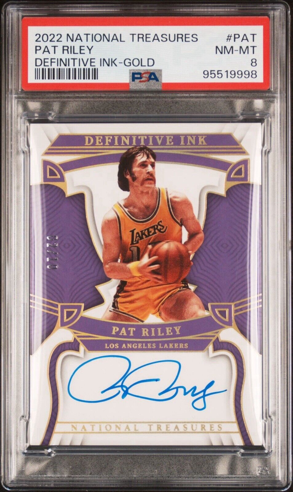 Pat Riley 2022 National Treasures Definitive Ink Gold Auto /10 PSA 8 #DEF-PAT LA