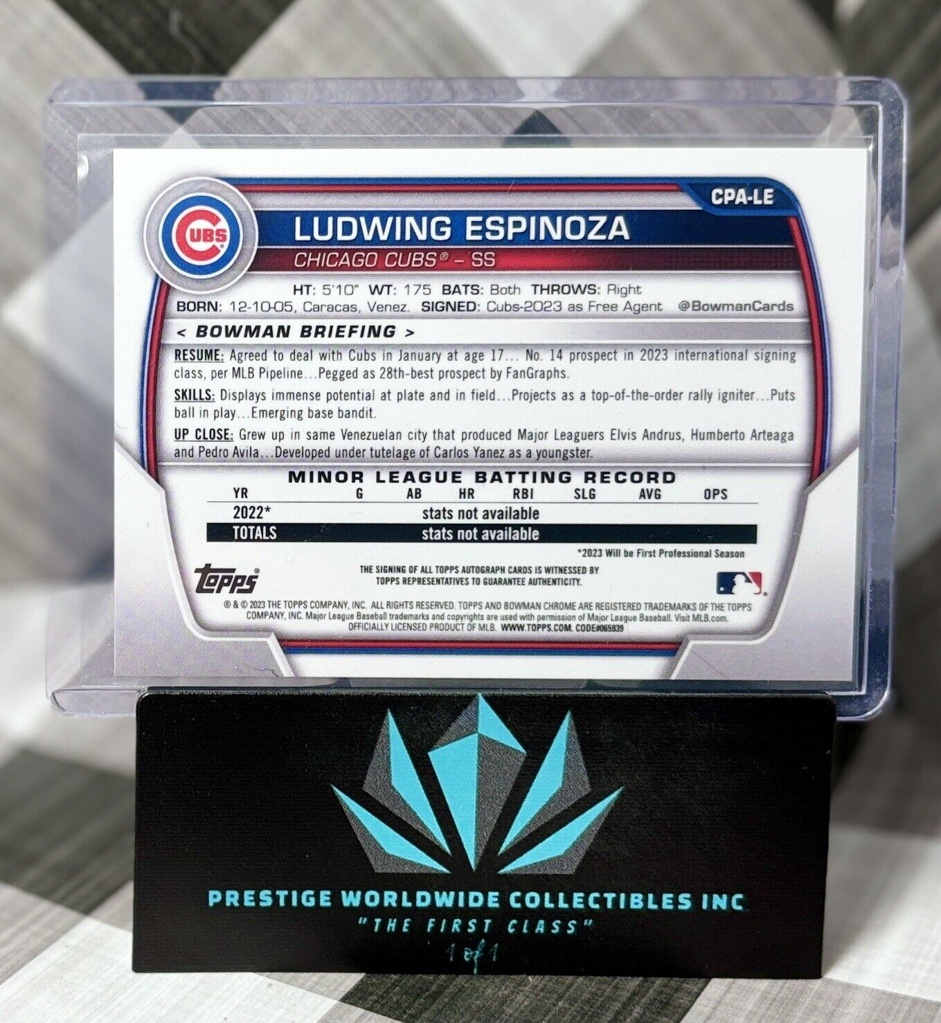 Ludwing Espinoza 2023 Bowman Chrome 1st Prospect Auto #CPA-LE Chicago Cubs SP