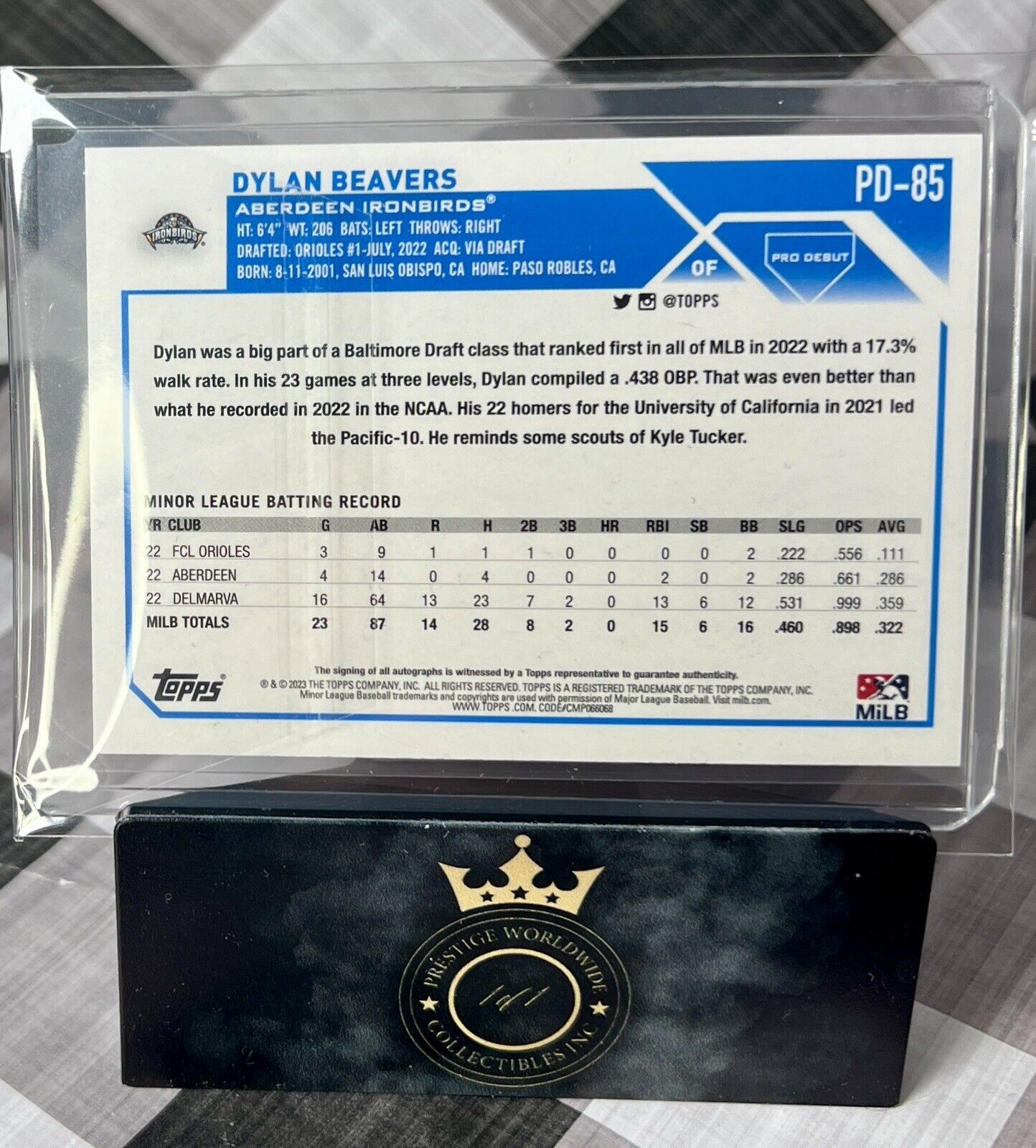 Dylan Beavers 2023 Topps Pro Debut Prospect Auto #PD-85 IronBirds/Orioles