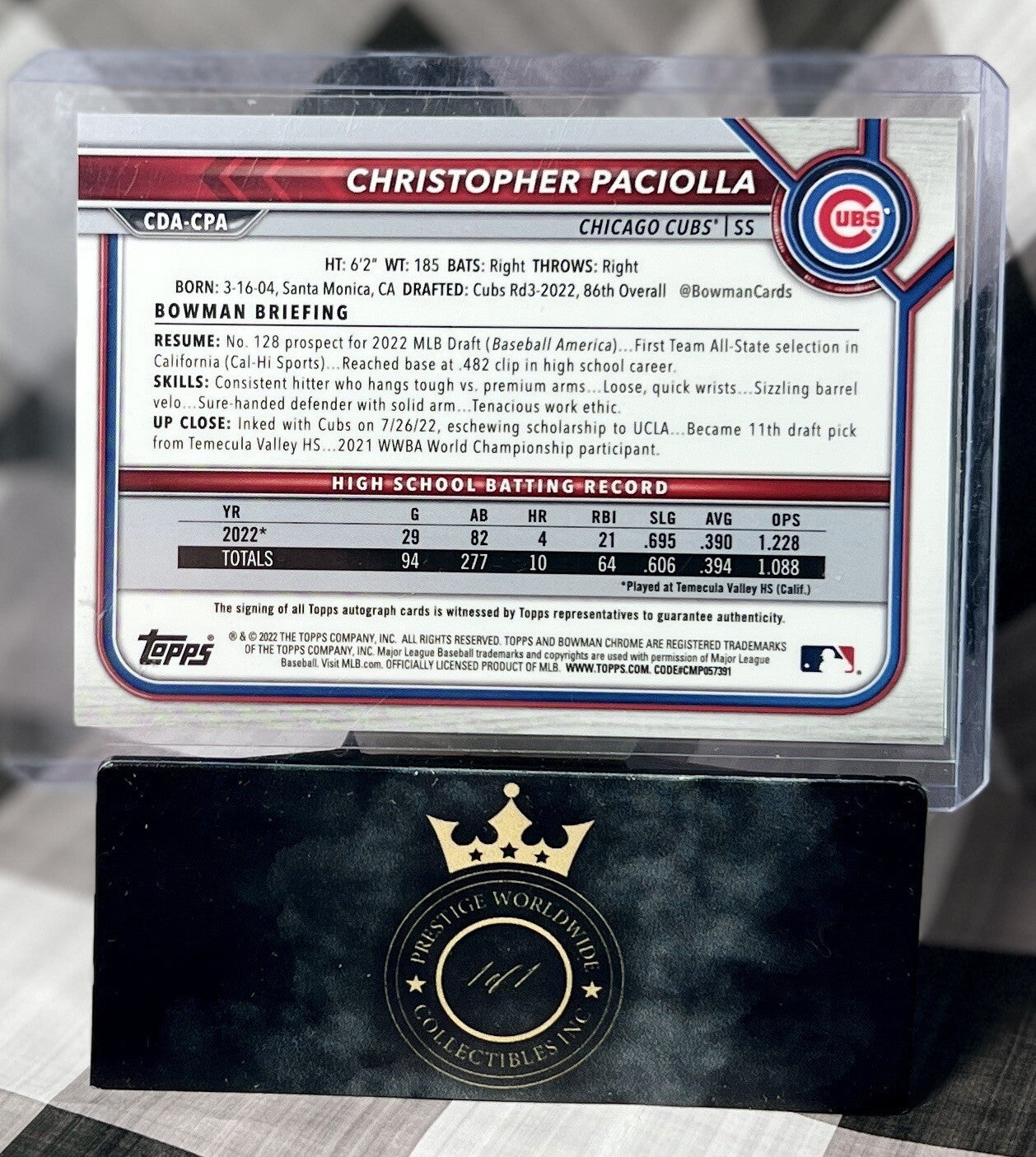 Christopher Paciolla 2022 Bowman Chrome Draft 1st Prospect Auto #CDA-CPA Cubs RC
