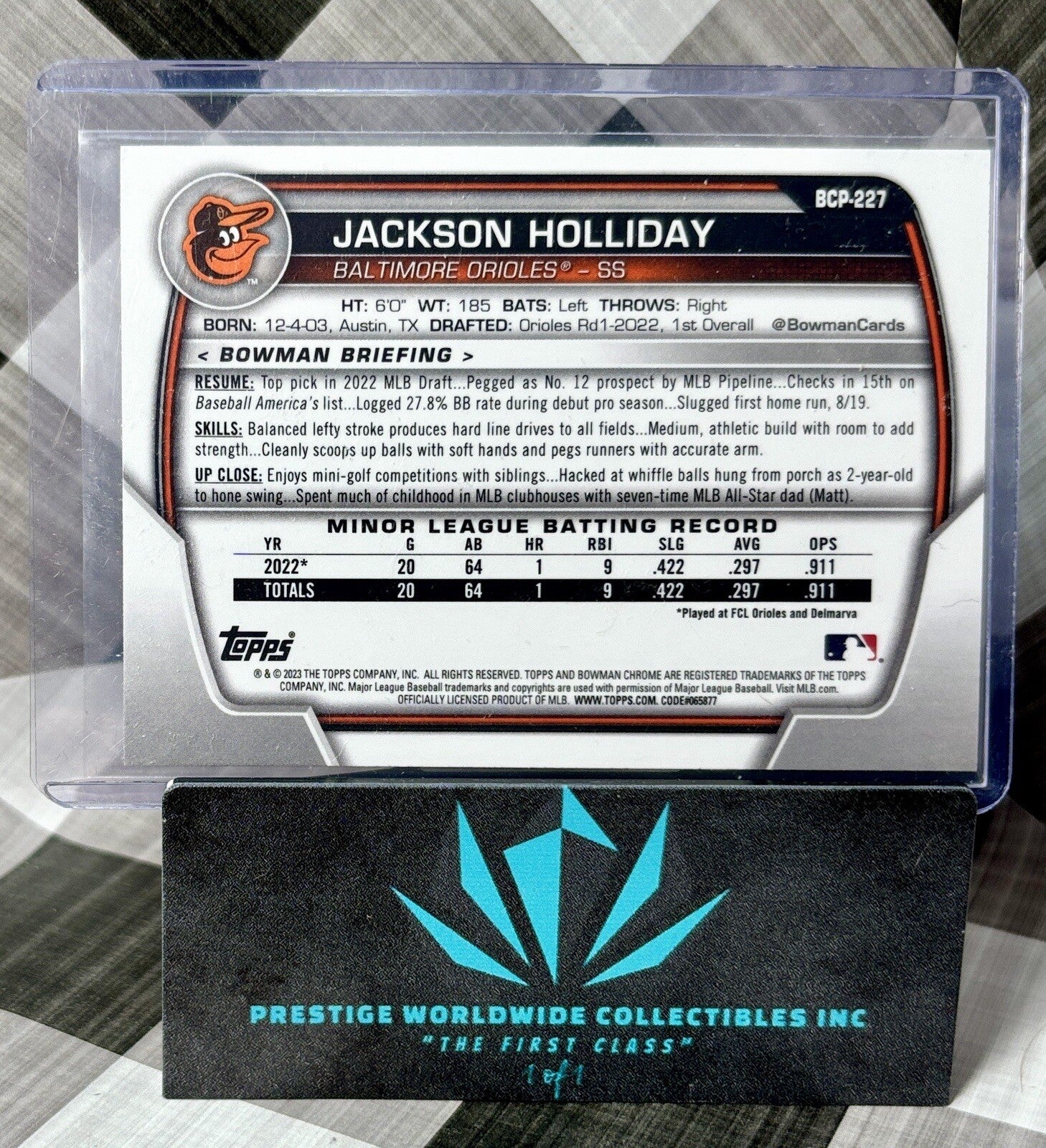 Jackson Holliday 2023 Bowman Chrome Prospects Rookie #BCP-227 Baltimore Orioles