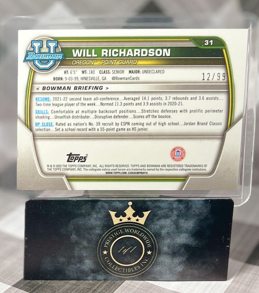 Will Richardson 2022-23 Bowman University Chrome Green Lava /99 #31 Oregon Ducks