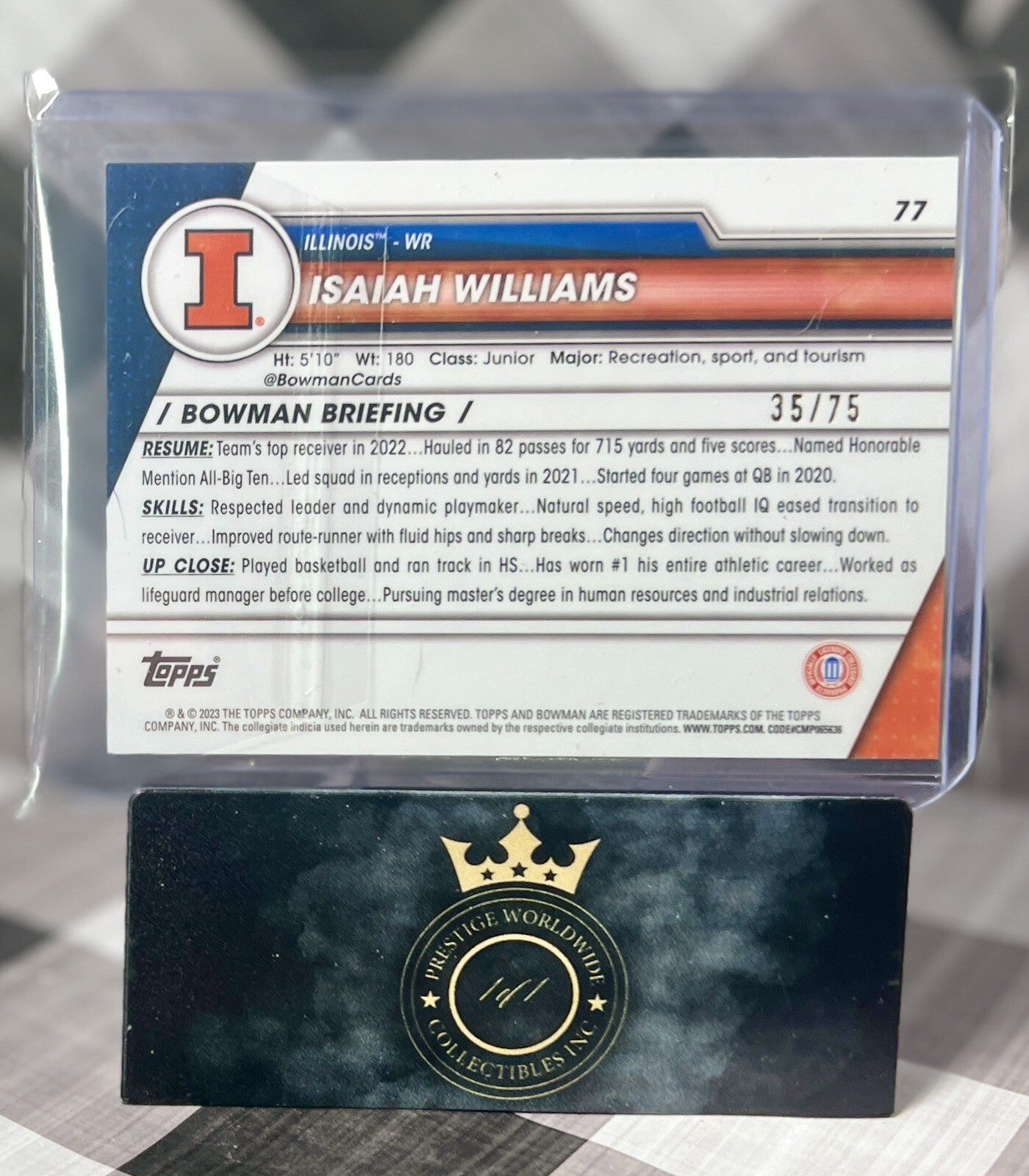 Isaiah Williams 2023 Bowman Chrome U 1st Yellow Refractor /75 #77 Illinois WR