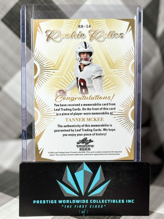 Tanner McKee 2023 Leaf Trinity Rookie Relics Jersey Patch #RR-34 PHI Eagles RC