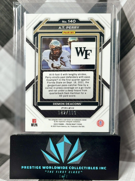 A.T. Perry 2023 Prizm Draft Picks Blue Wave Rookie /249 #140 WF & NO Saints RC