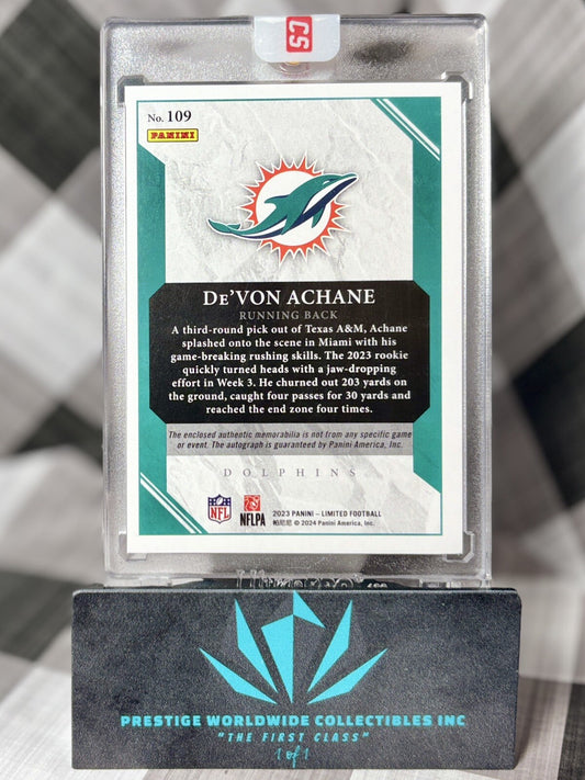 Devon Achane 2023 Limited Rookie Patch Auto Gold /49 #109 Miami Dolphins RPA