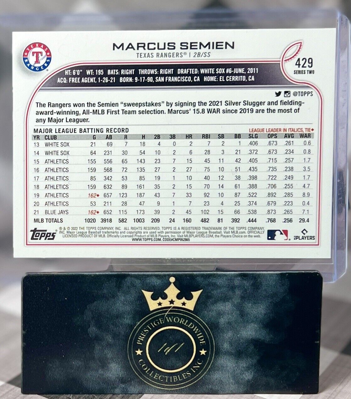 Marcus Semien 2022 Topps Series 2 Photo Image Variation #429 Texas Rangers SP