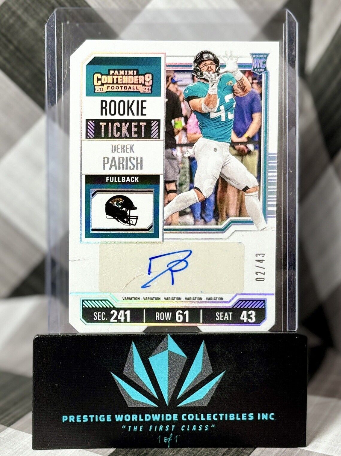 Derek Parish 2023 Contenders Rookie Ticket Cracked Ice Var. Auto /43 #179 Jags