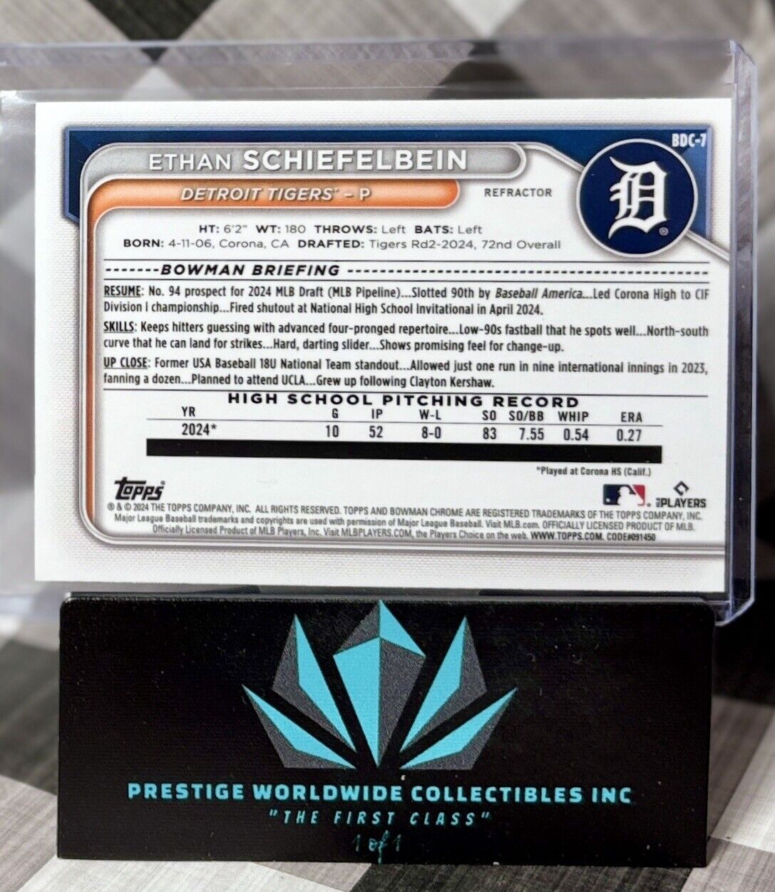 Ethan Schiefelbein 2024 Bowman Chrome Draft 1st Refractor #BDC-7 Detroit Tigers