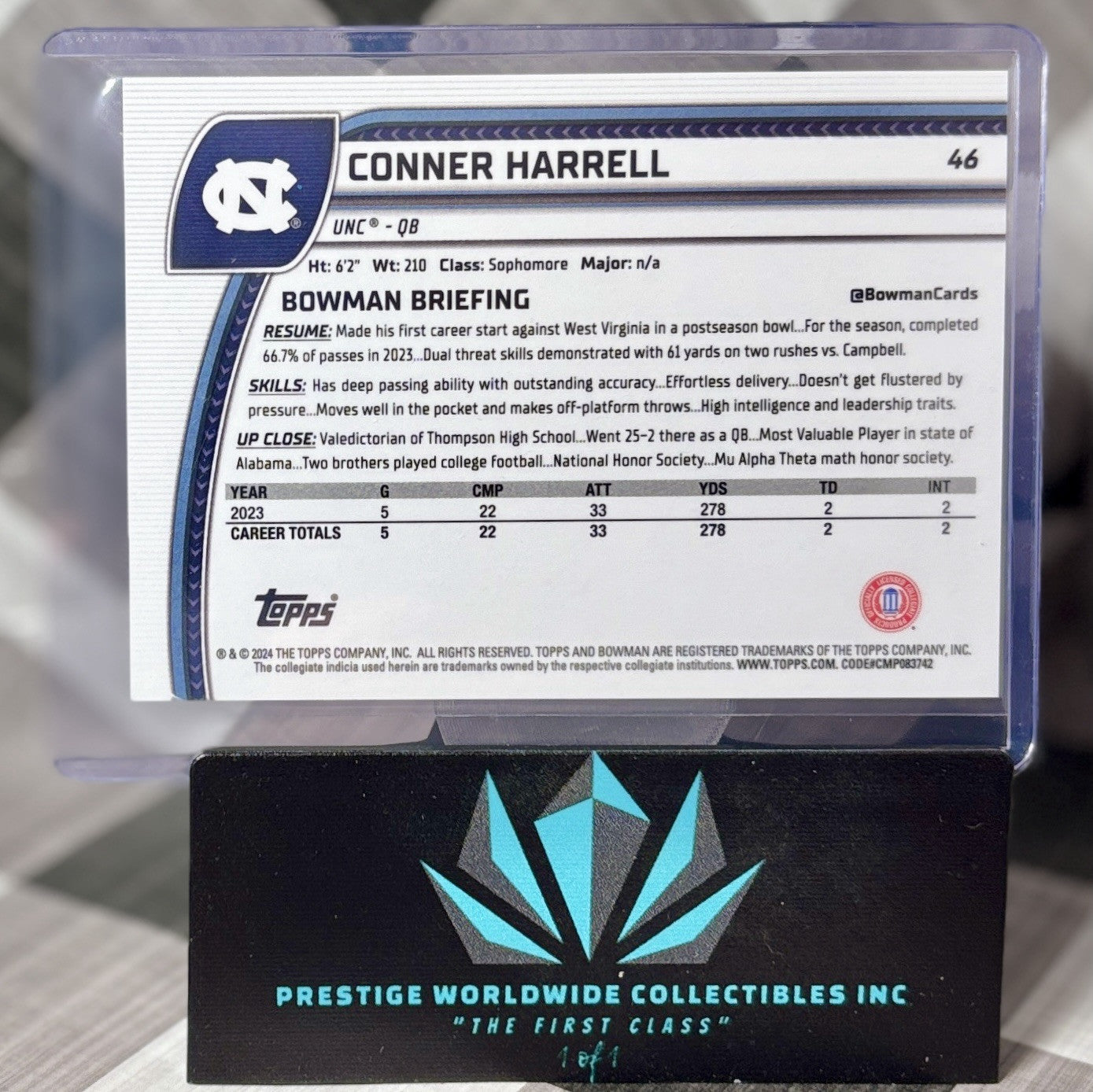 Conner Harrell 2024 Bowman Chrome University 1st Pink Refractor /150 #46 UNC RC