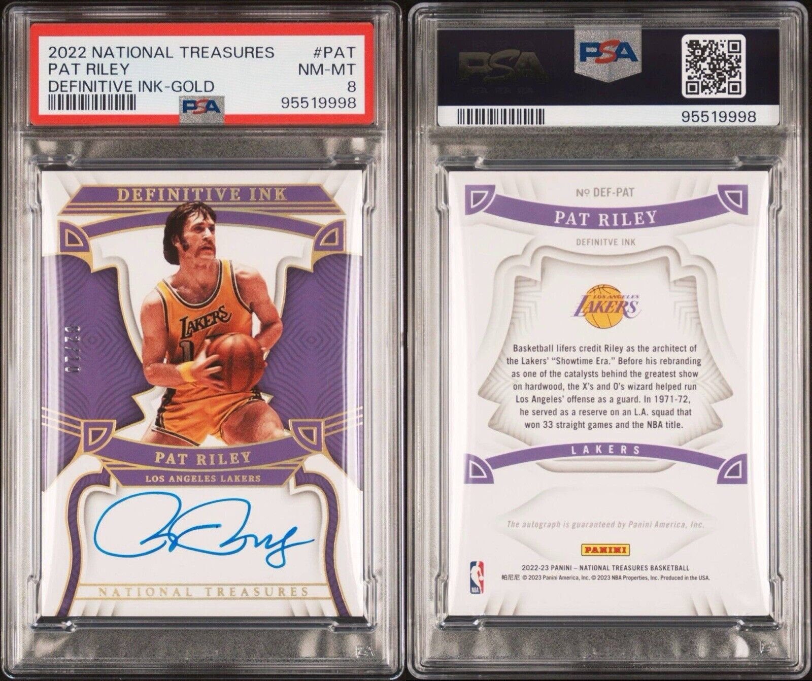 Pat Riley 2022 National Treasures Definitive Ink Gold Auto /10 PSA 8 #DEF-PAT LA