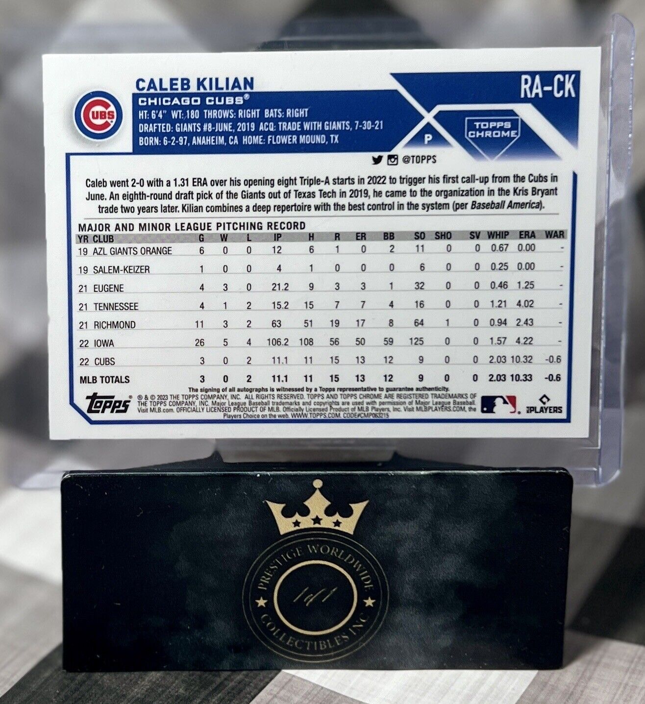 Caleb Kilian 2023 Topps Chrome Rookie Auto Autograph RC #RA-CK Chicago Cubs RC