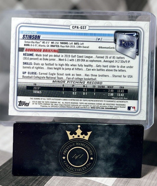 Graeme Stinson 2020 Bowman Chrome Rookie Blue Auto /150 #CPA-GST Tampa Bay Rays