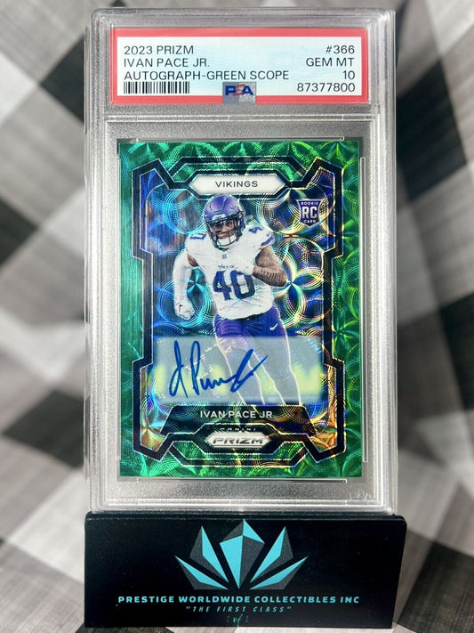 Ivan Pace Jr. 2023 Panini Prizm Green Scope Rookie Auto /75 PSA 10 #366 Vikings