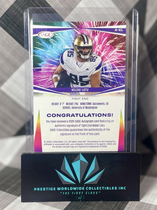 Keleki Latu 2025 Sage High Series Rookie Red Auto #A-KL Wash & Buffalo Bills RC