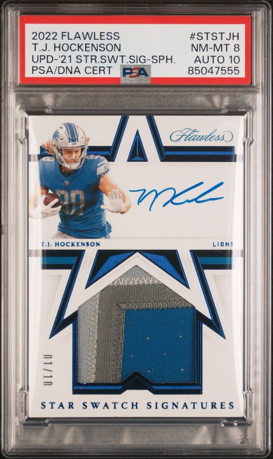 TJ Hockenson 2022 Flawless Star Swatch Sig Sapphire 1/10 PSA 8 Auto10 #STSTJH MN