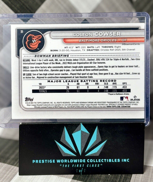 Colton Cowser 2024 Bowman Chrome Mojo Refractor Rookie #31 Baltimore Orioles