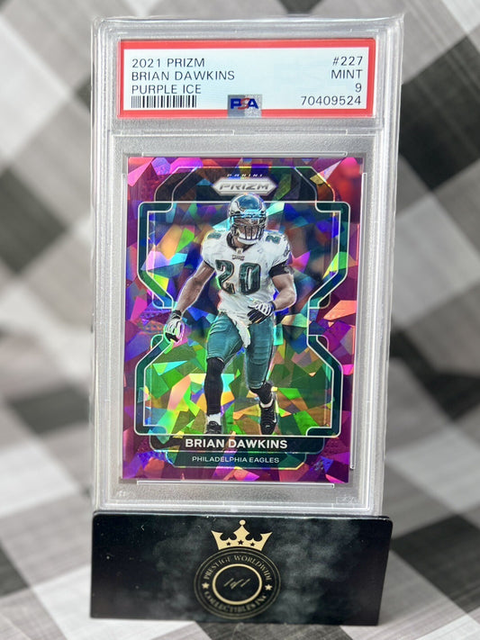 BRIAN DAWKINS 2021 Panini Prizm Purple Ice /225 PSA 9 #227 Philadelphia Eagles