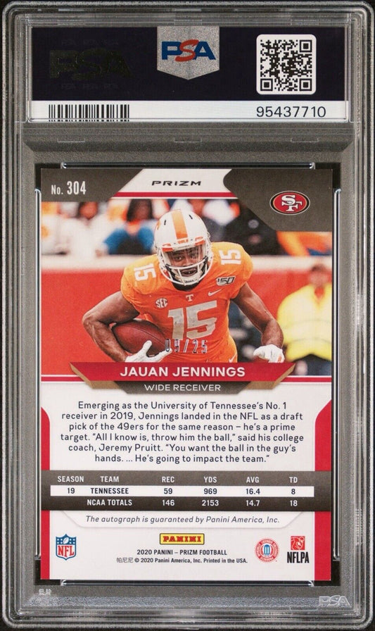 Jauan Jennings 2020 Panini Prizm Green Camo Rookie Auto /25 PSA 9 #304 SF 49ers