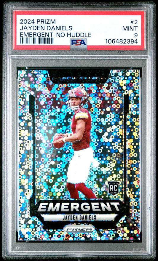 Jayden Daniels 2024 Prizm Emergent No Huddle Disco PSA 9 #2 Commanders RC