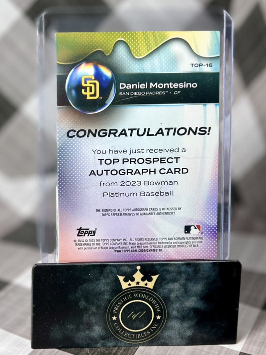 Daniel Montesino 2023 Bowman Platinum Blue Foil Auto /150 #TOP-16 SD Padres SP