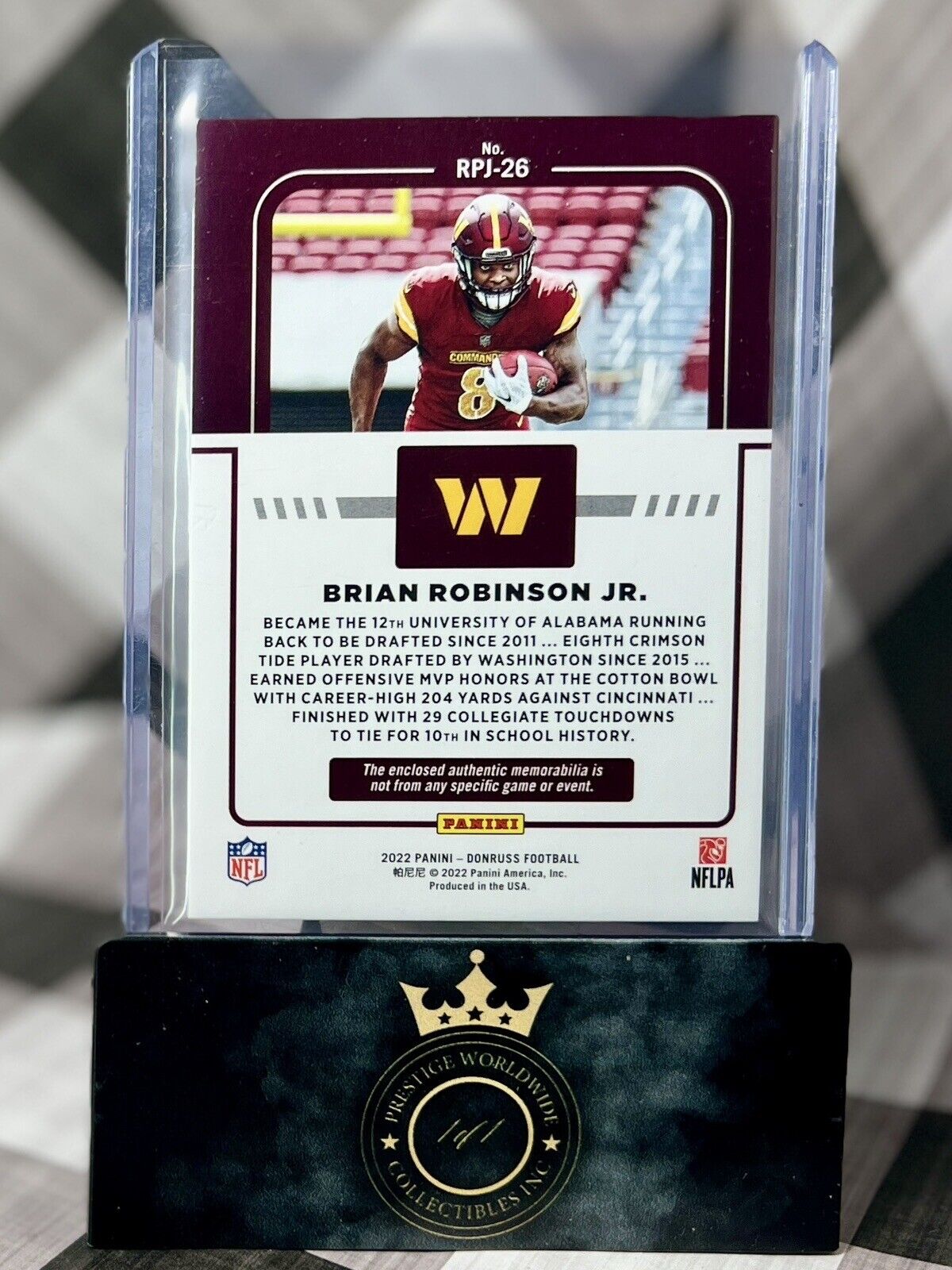 Brian Robinson Jr. 2022 Panini Donruss Rookie Phenom Relic #RPJ-26 Commanders RC