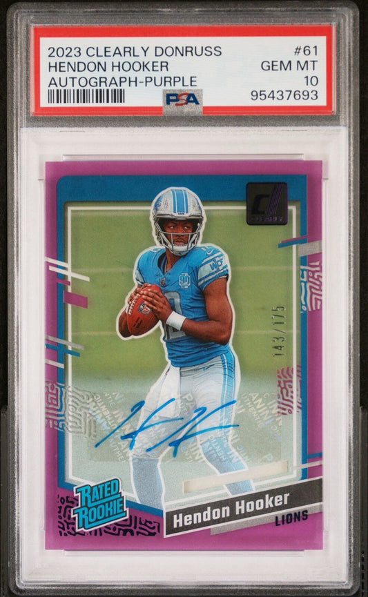 Hendon Hooker 2023 Clearly Donruss Purple Rated Rookie Auto /175 PSA 10 #61 DET