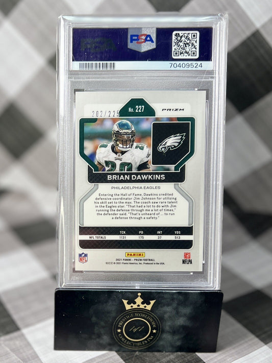 BRIAN DAWKINS 2021 Panini Prizm Purple Ice /225 PSA 9 #227 Philadelphia Eagles