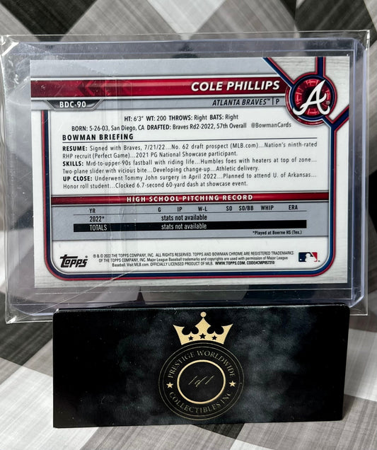 Cole Phillips 2022 Bowman Chrome 1st BW Raywave Refractor #BDC-90 ATL Braves