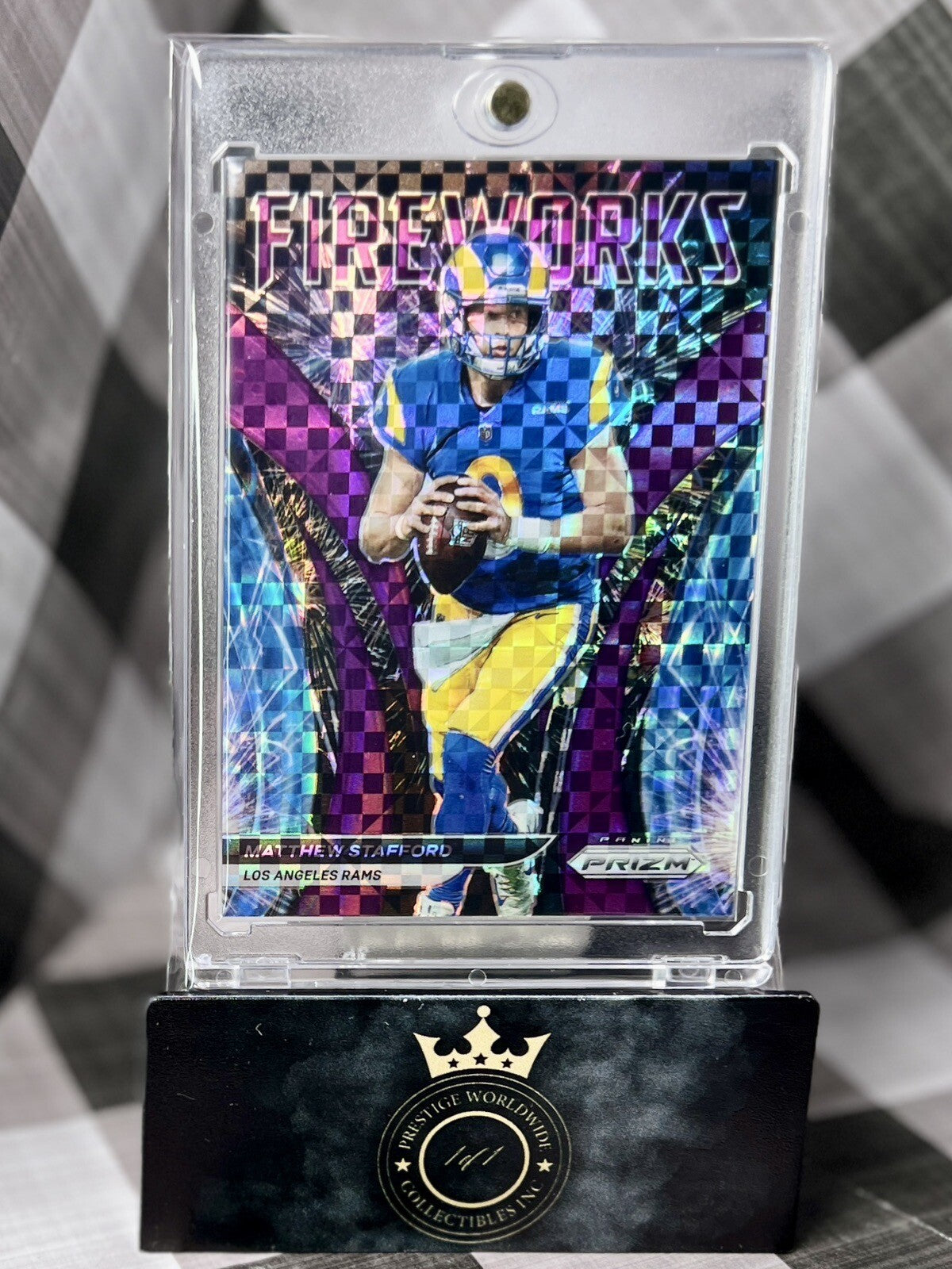 Matthew Stafford 2021 Panini Prizm Fireworks Purple Power Prizm /49 #F-19 Rams