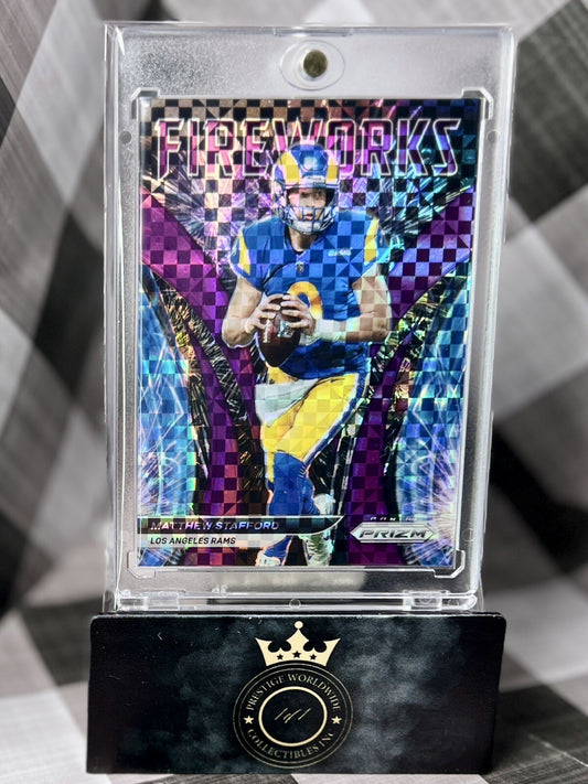 Matthew Stafford 2021 Panini Prizm Fireworks Purple Power Prizm /49 #F-19 Rams