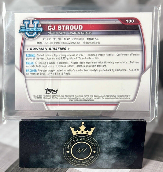 C.J. Stroud 2022 Topps Bowman Chrome U #100 OSU Buckeyes & Houston Texans