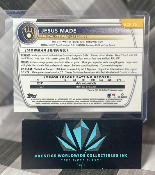 Jesus Made 2025 Bowman Chrome 1st Bowman Mojo Refractor #BCP-50 Brewers