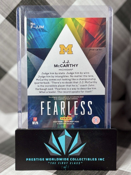 JJ McCarthy 2024 Prizm Draft Picks Fearless Red Ice RC #F-JJM Michigan & Vikings