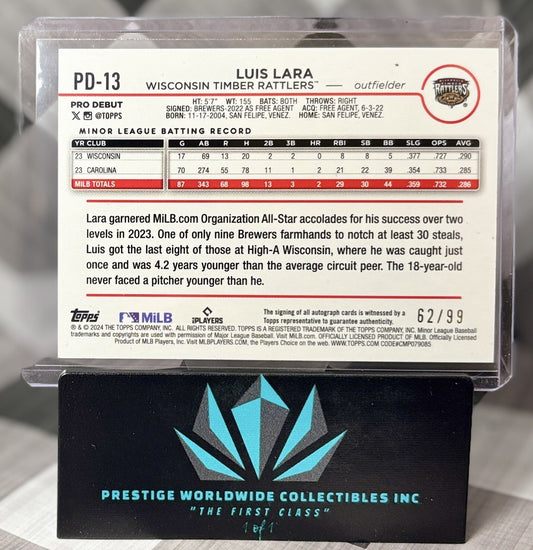 Luis Lara 2024 Topps Pro Debut Green Foil Auto /99 #PD-13 TimberRattlers Brewers