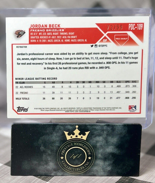 Jordan Beck 2023 Topps Pro Debut Chrome Refractor /99 #PDC-109 CO Rockies
