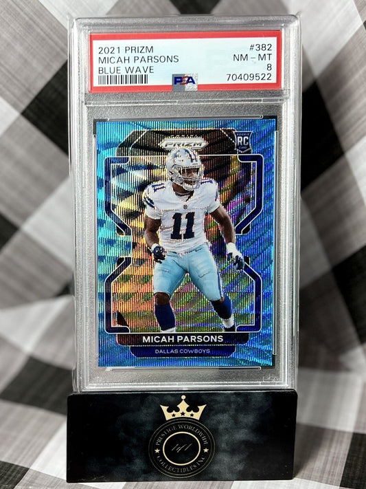 MICAH PARSONS 2021 PRIZM BLUE WAVE ROOKIE RC /199 #382 PSA 8 COWBOYS REGRADE?🔥