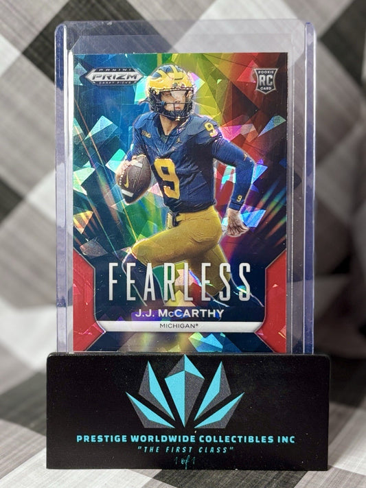 JJ McCarthy 2024 Prizm Draft Picks Fearless Red Ice RC #F-JJM Michigan & Vikings
