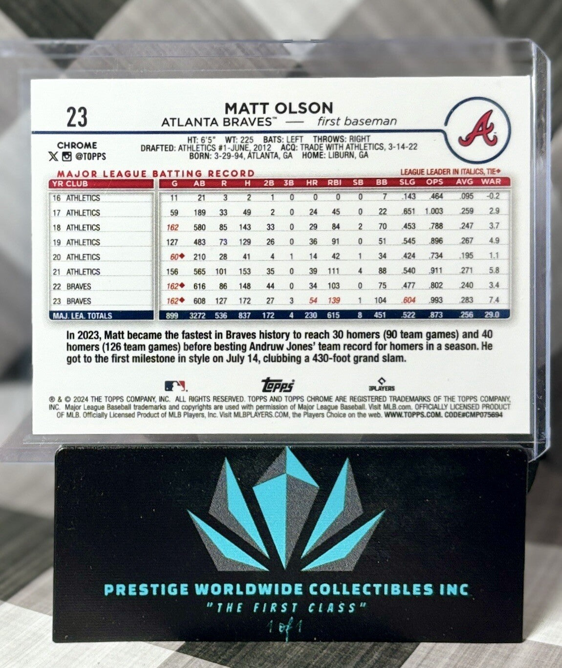 Matt Olson 2024 Topps Chrome Purple Sonar Refractor /275 #23 Atlanta Braves