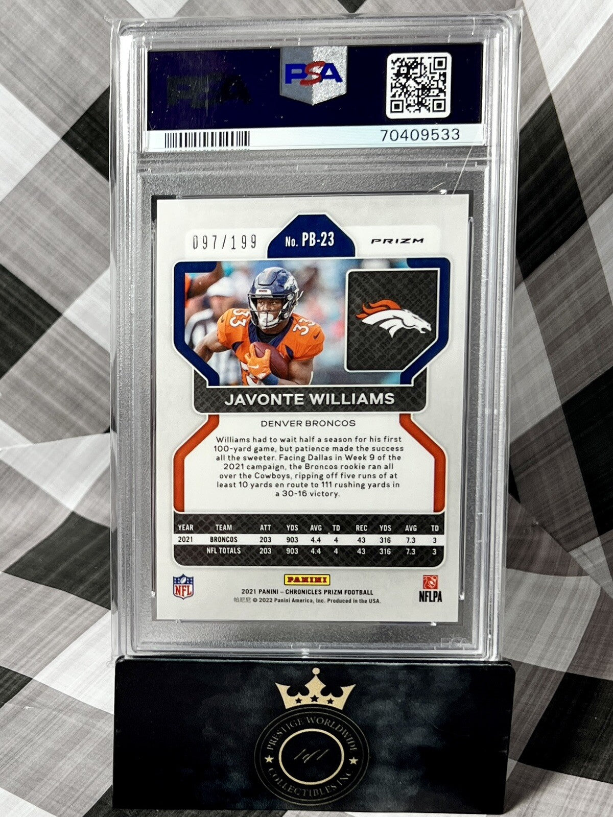 JAVONTE WILLIAMS 2021 Chronicles Prizm Black Purple Rookie /199 PSA 9 #PB-23 DEN