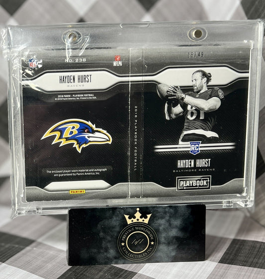 Hayden Hurst RC 2018 Playbook 3-Color Rookie Patch Auto Booklet /49 #238 Ravens