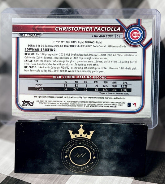 Christopher Paciolla 2022 Bowman Chrome Draft 1st Prospect Auto #CDA-CPA Cubs RC